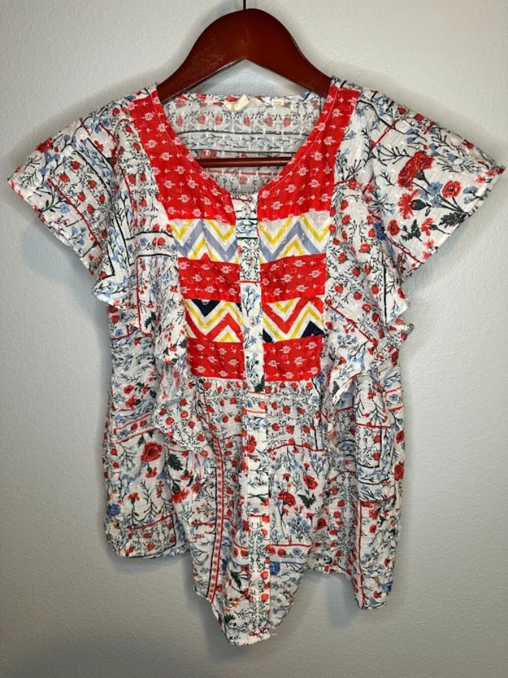 Anthropologie Let Me Be 100% Cotton Boho Cottagecore Patchwork Floral Top - 2